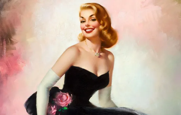 Picture look, smile, hair, lipstick, blonde, gloves, black dress, painting