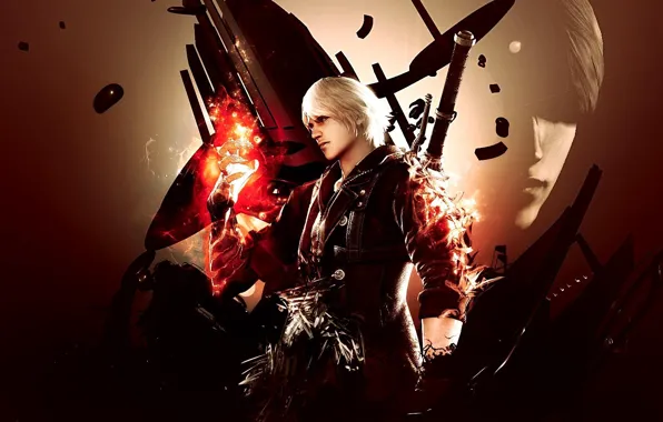Picture gun, fire, hand, sword, The Red Queen, Nero, Devil may cry 4, Nero