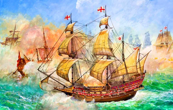Picture Galeon, naval battle, HMS Revenge, 46 cannon, Francis Drake