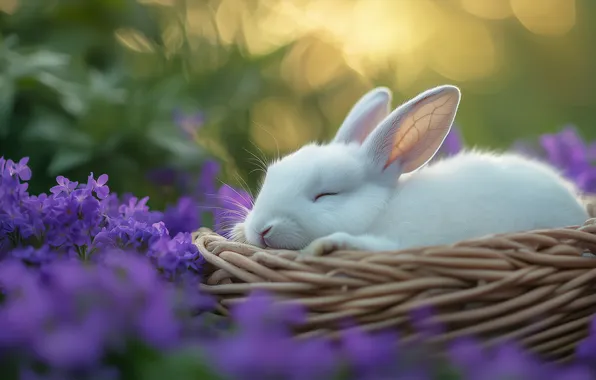 White, flowers, rabbit, basket, AI art, neural network