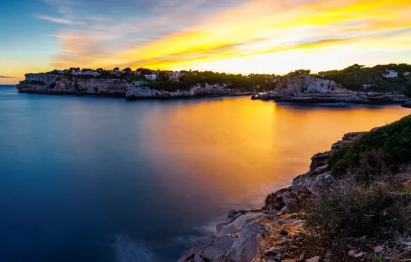 Sea, the sky, trees, sunset, stones, rocks, coast, home