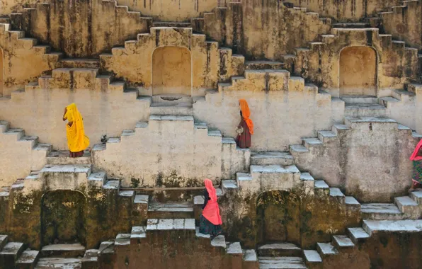 Women, India, ladder, Jaipur, Rajasthan, Amber Fort