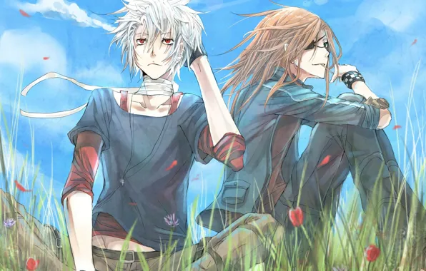 The sky, anime, meadow, art, guys, Dogs: Bullets & Carnage
