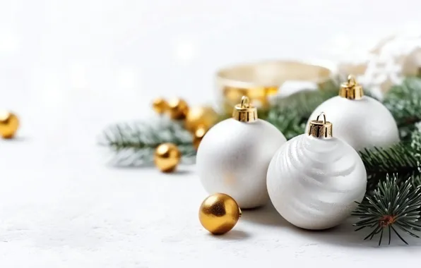 Balls, branches, silver, Christmas, white background, New year, needles, light background