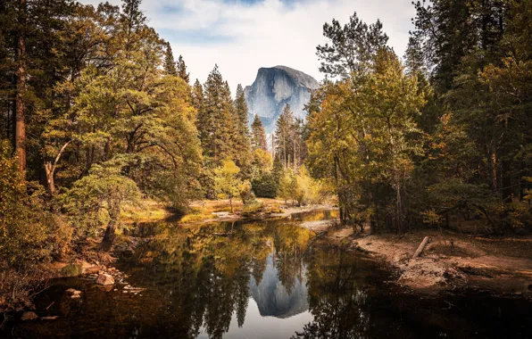 Autumn, forest, water, trees, mountains, reflection, rocks, CA