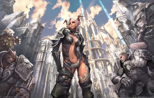 Girl, clouds, the city, magic, warrior, horns, armor, tera