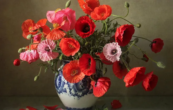 Flowers, table, Maki, bouquet, red, vase, pink, pitcher