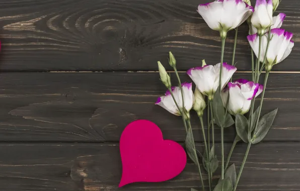 Flowers, love, white, heart, wood, flowers, eustoma, eustoma