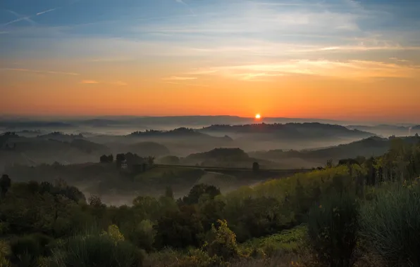 Field, the sky, the sun, clouds, trees, fog, dawn, hills
