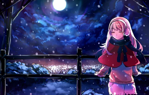 Winter, the sky, girl, clouds, snow, snowflakes, night, nature
