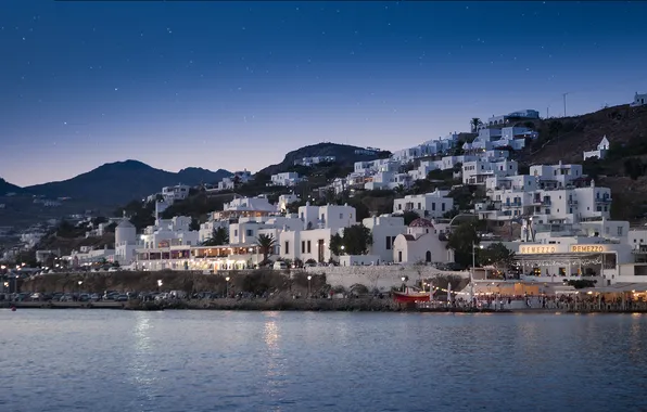 Picture city, sea, night, greek, mediterranean, mykonos