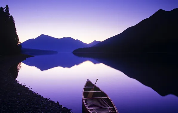 The sky, mountains, lake, boat, the evening, paddle