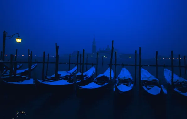 Night, lights, boats, Italy, lantern, Venice, channel, gondola