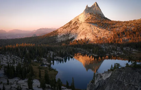 Forest, the sky, the sun, trees, mountains, lake, reflection, stones