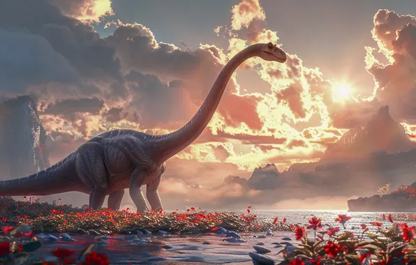 Flowers, Clouds, Mountains, River, Dawn, Dinosaur, Neck, Animal
