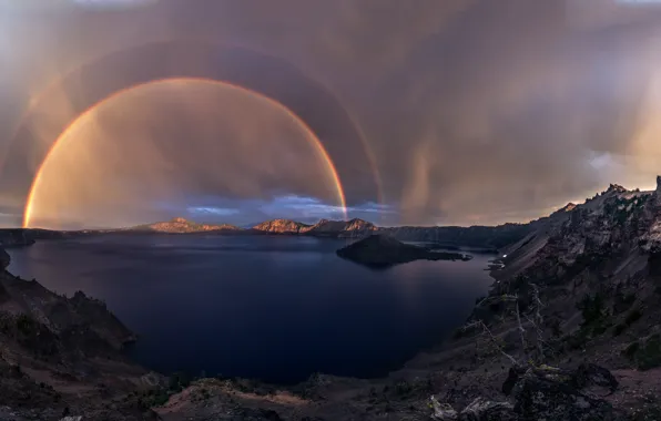 Picture the sun, nature, lake, rain, rainbow