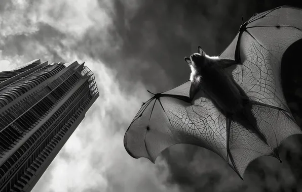 The sky, flight, night, clouds, the city, house, the building, skyscraper