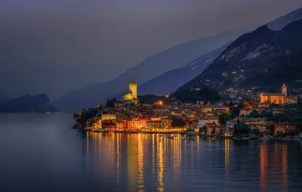 Mountains, night, lights, lake, shore, home, boats, lights