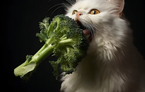 Cat, cat, look, pose, black background, face, hunger, cabbage