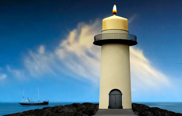 Picture sea, lighthouse, ship, candle, sea, ship, candle, lighthouse