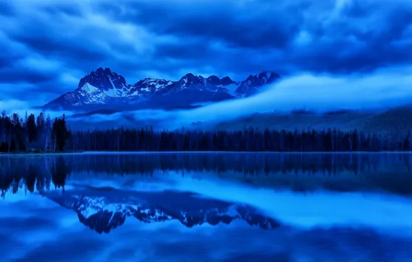 The sky, clouds, trees, mountains, night, lake, reflection