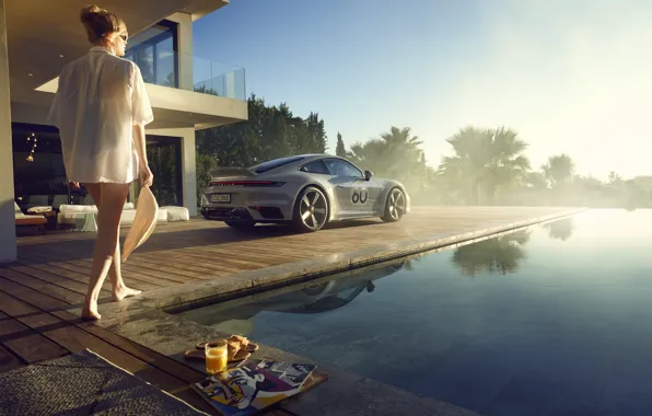 911, Porsche, girl, pool, water, sun, palms, sports car