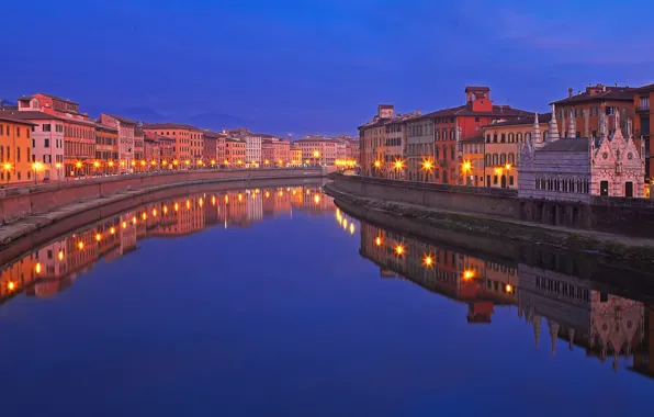 Picture night, bridge, lights, river, home, Italy, Pisa, Tuscany