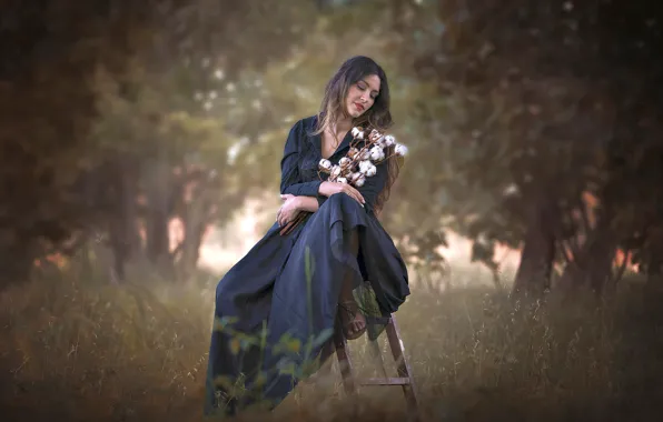 Picture girl, bouquet, garden, dress, bokeh