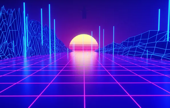 Sunset, The sun, Music, Style, 80s, Style, Neon, Rendering