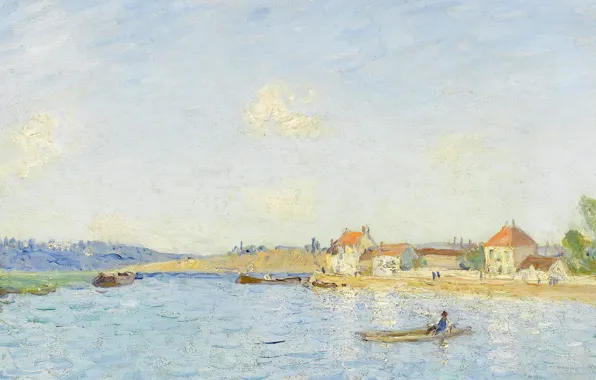Picture landscape, river, boat, home, picture, Alfred Sisley, Alfred Sisley, Saint-Mames
