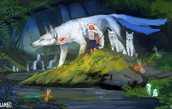 Forest, stream, wolf, perfume, dragonfly, mask, spear, art