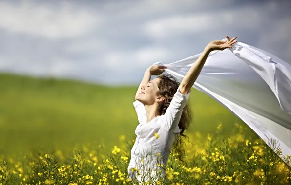 Greens, field, the sky, grass, girl, the sun, clouds, joy