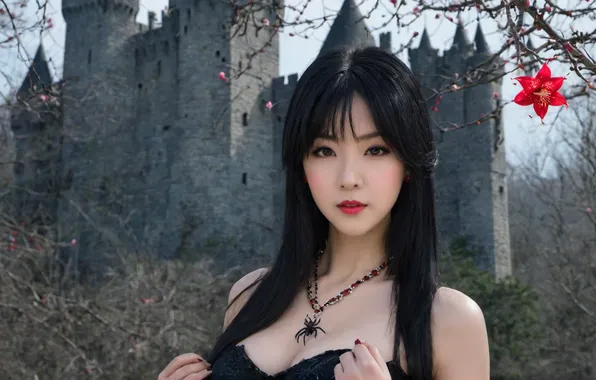 Girl, castle, spider, necklace, fantasy, pendant, Asian