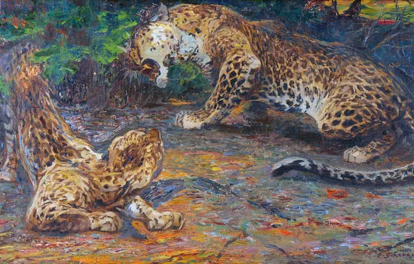 Picture, Cub, Two, Baby, Predators, Austrian artist, Big Cats, Ferdinand Schebek