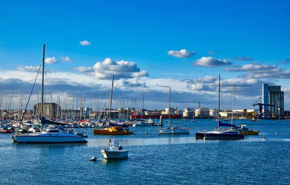 Picture clouds, France, yachts, boats, harbour, Locmiquelic