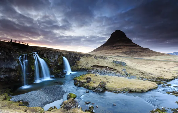 Picture clouds, sunset, river, mountain, waterfall, spring, the volcano, Iceland