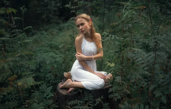 FOREST, LOOK, GREENS, DRESS, POSE, STUMP, SUNDRESS, Model Zhenya