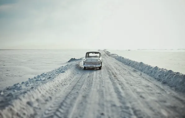 Road, machine, snow, Moskvich 407