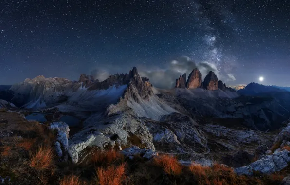 The sky, stars, clouds, night, the milky way, The Dolomites