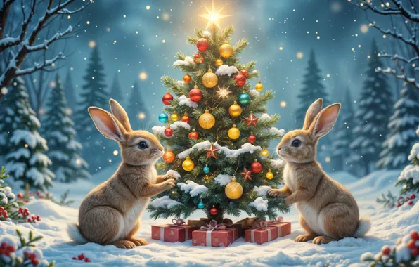 Winter, animals, snow, nature, toys, tree, gifts, rabbits