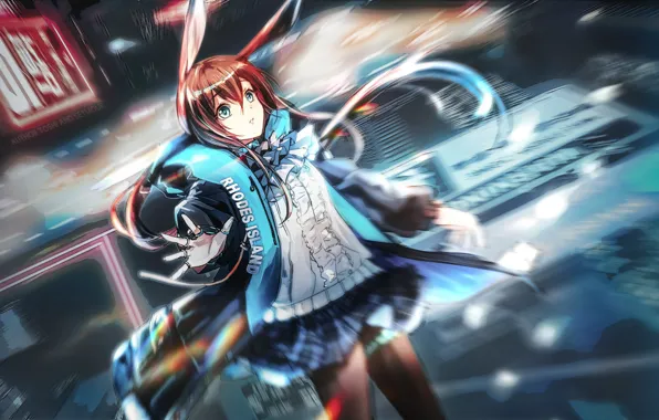 Girl, ears, blurred background, Arknights, Amiya