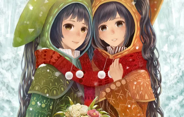 Picture winter, forest, snow, flowers, girls, roses, bouquet, anime