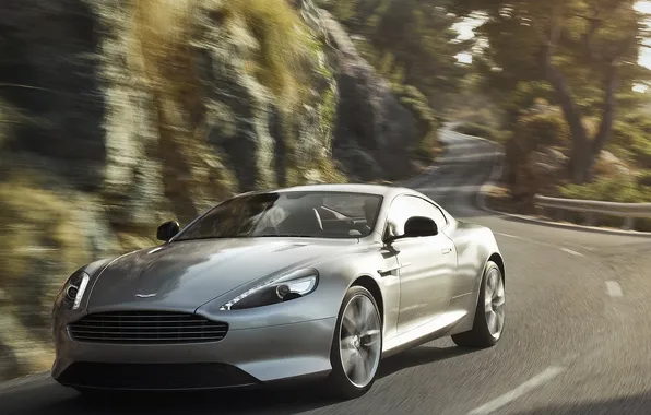 Picture road, mountains, background, Aston Martin, coupe, silver, DB9, the front