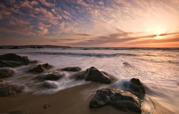 Picture sand, sea, water, nature, stones, shore, sunset