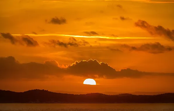 The sun, clouds, sunset, lake, horizon, hill, solar