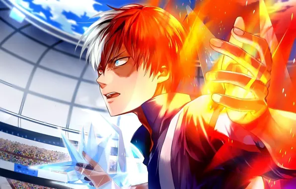 Fire, hero, guy, arena, Boku No Hero Academy, Todoroki Shoto, My Hero Academy