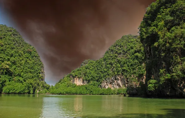 The sky, water, trees, clouds, rocks, Thailand, Giant Thailand Rocks
