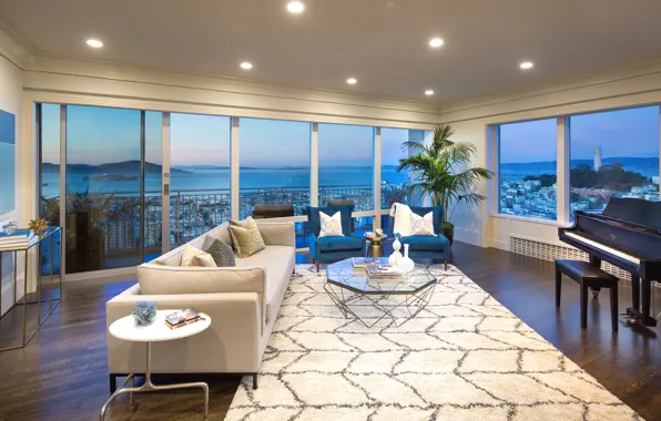 Picture design, style, sofa, piano, window, living room