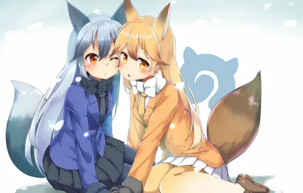 Girls, anime, art, together, Kemono Friends