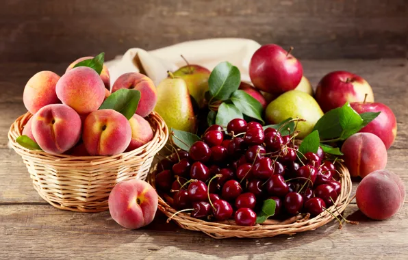 Apples, basket, peaches, pear, cherry